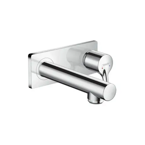 Wandmontierter Einhebel-Waschtischmischer in Chrom-Optik von Hansgrohe mit einem symmetrischen Auslauf und einem Steuerhebel auf der rechten Seite.